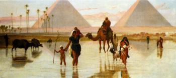 弗雷德裡尅 古德爾 Arabs Crossing A Flooded Field By The Pyramids